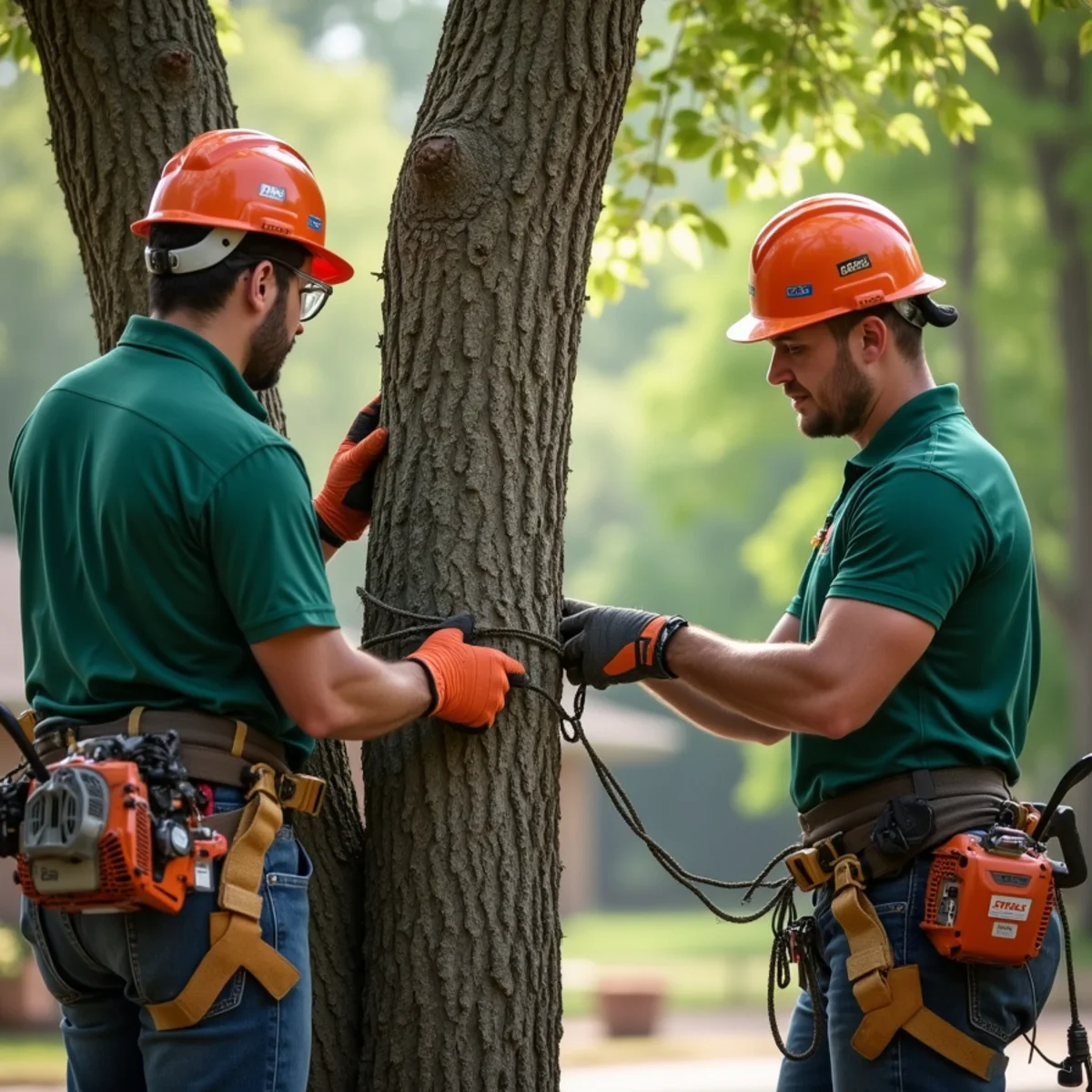 Inspecting dynamic tree support cable securing co-dominant tree stems