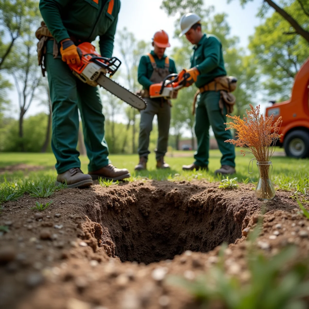 Backfilling and leveling root crater in lawn after fallen tree extraction
