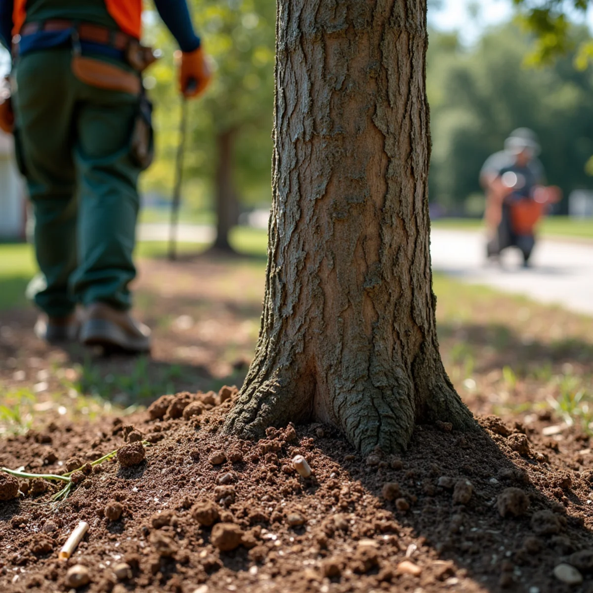 Exposed tree root flare with mulch pulled back 3 inches from trunk bark