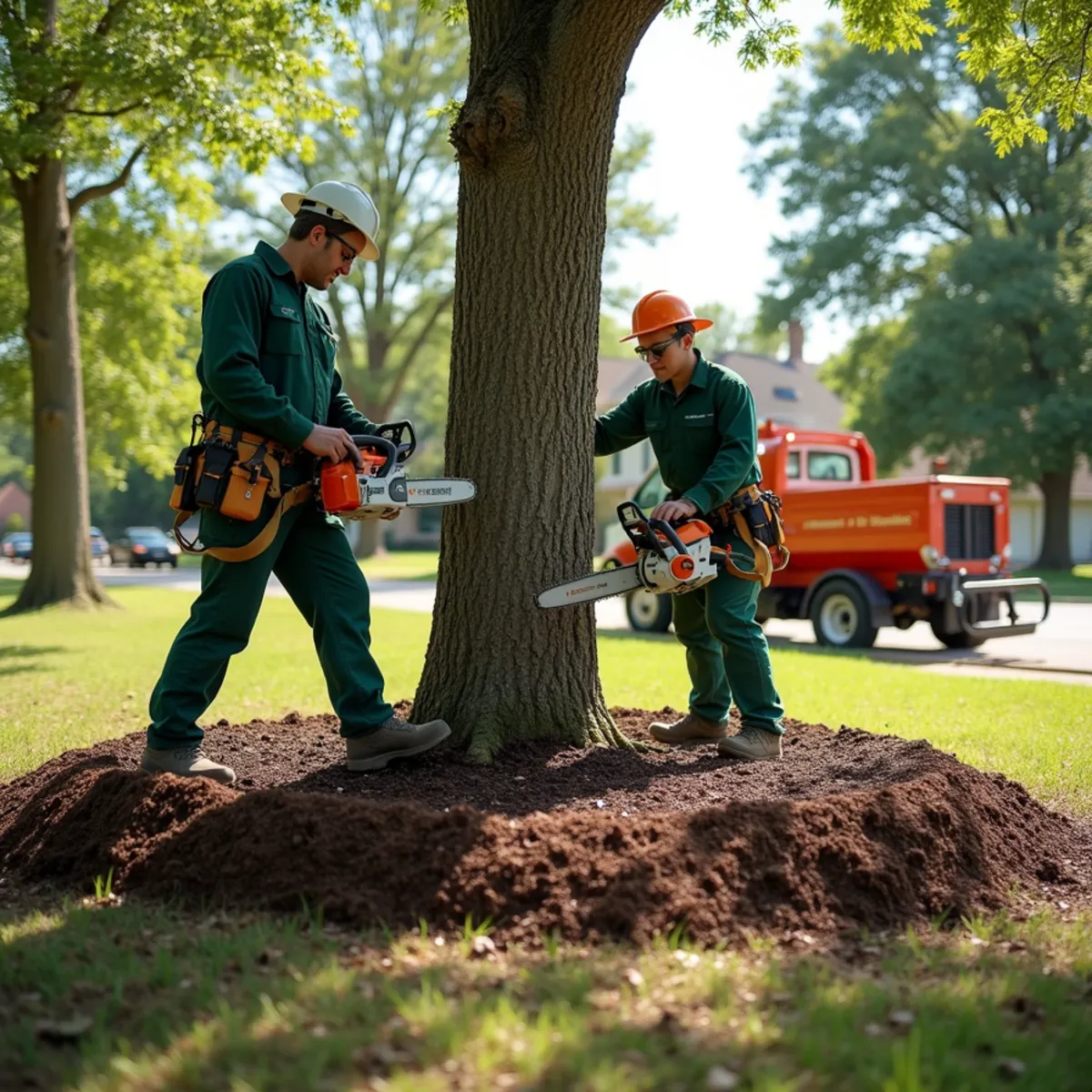Wide donut-shaped mulch ring extending out across critical root zone