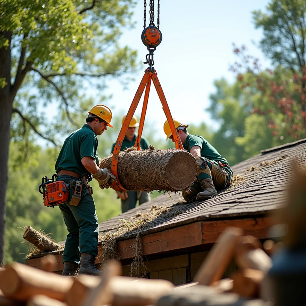 Crane-assisted vertical lift of fallen tree trunk off roof trusses