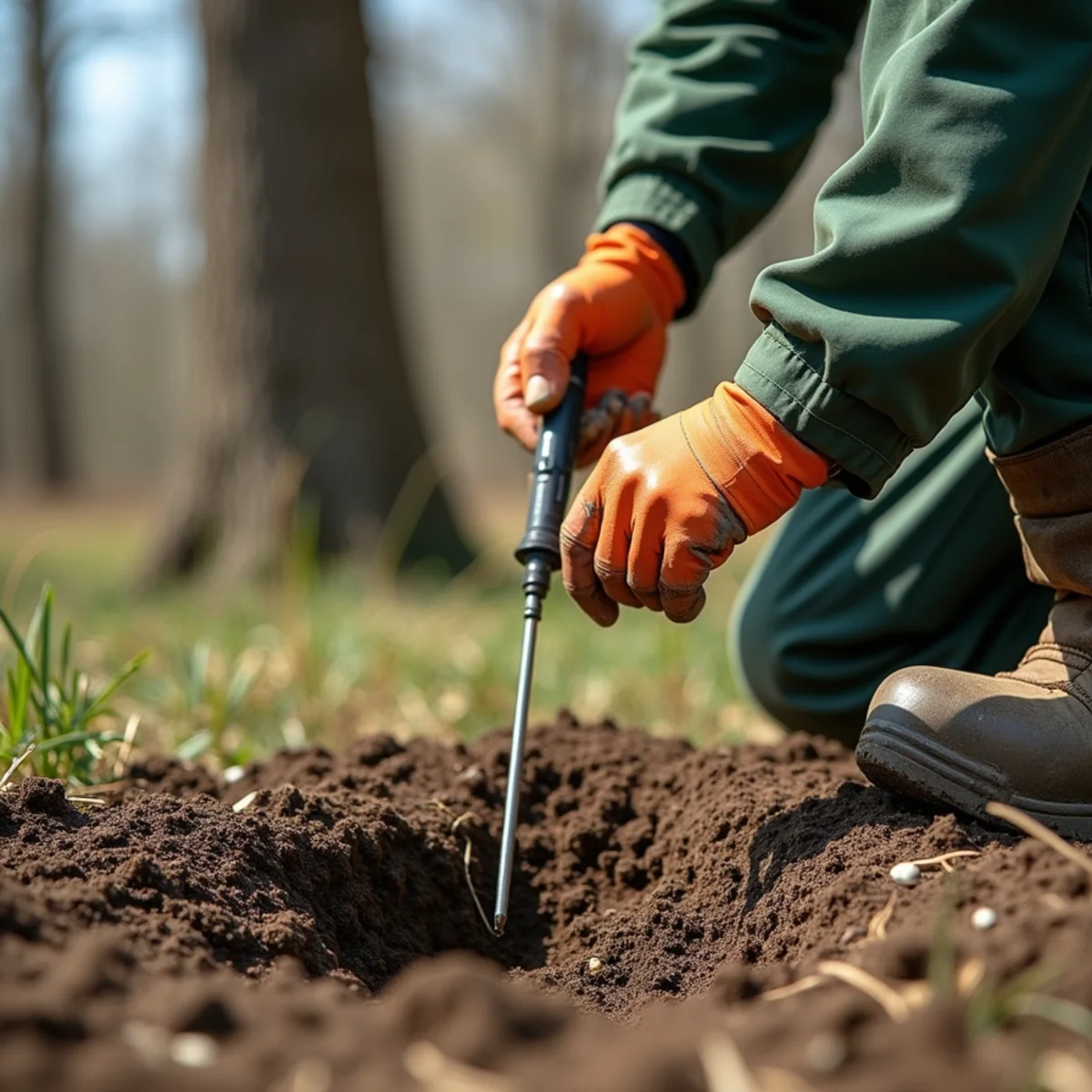 Testing soil moisture penetration depth using screwdriver test near tree