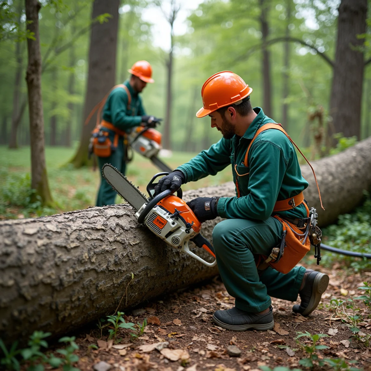 Arborist triaging structural load and tension on fallen storm tree