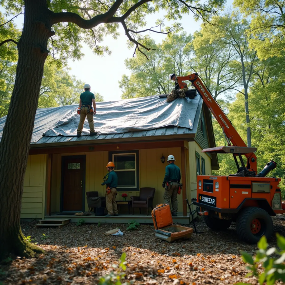 House roofline safely cleared of tree debris and tarped tight