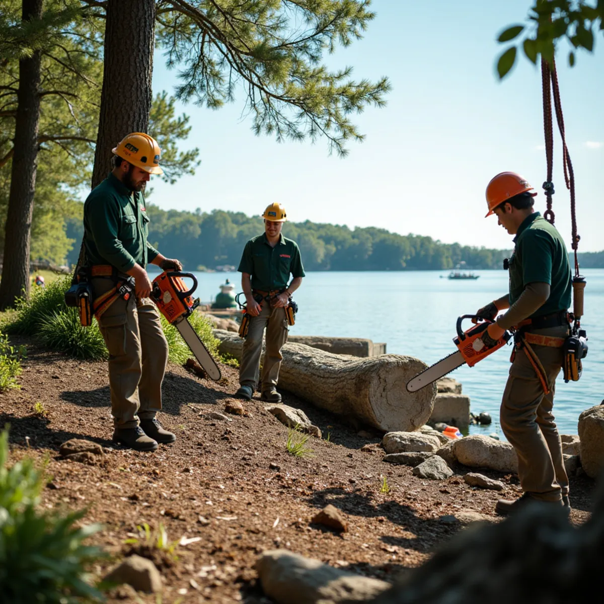 Shoreline tree dismantling on rocky Grand Lake bluff lot protecting deck and dock