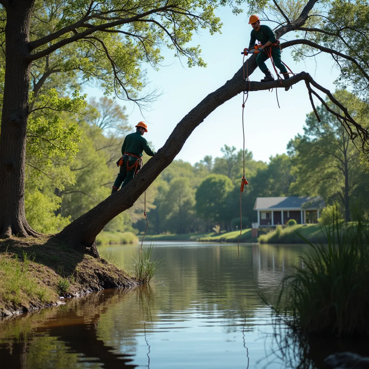 Rigging overhanging branch to swing safely inland away from lake water