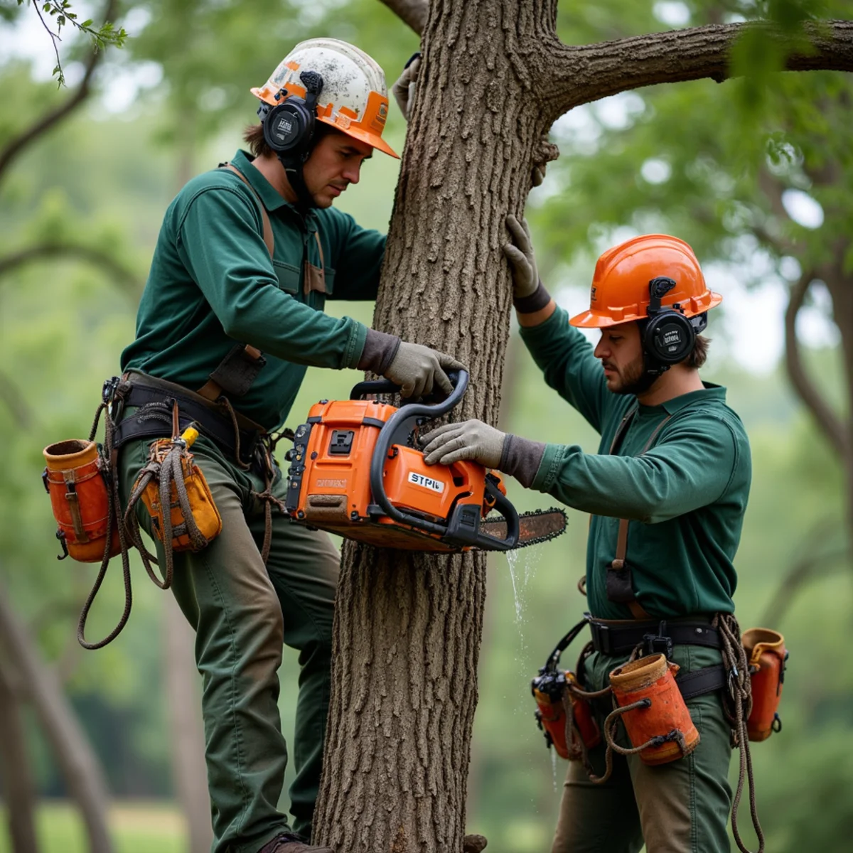 Hydraulic tree shear cutting cedar trunk flush with ground surface