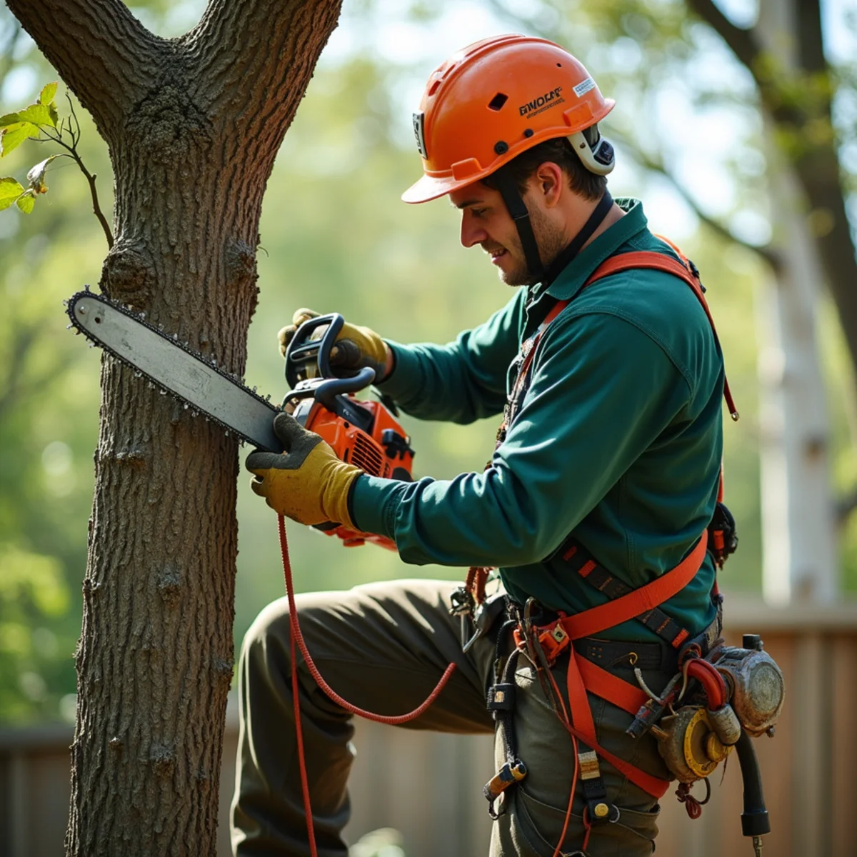 Tight residential backyard tree pruning with delicate flowerbed protection