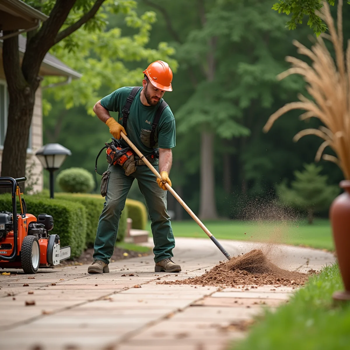 Blowing and sweeping residential patio and walkways 100 percent clean