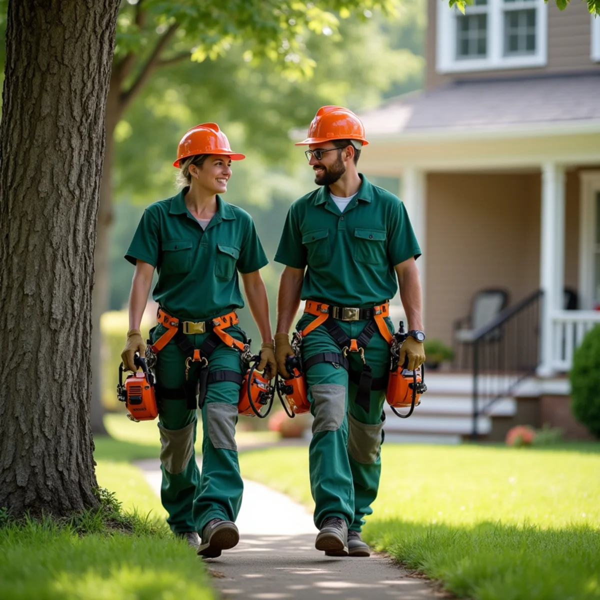 Homeowner and arborist conducting final property walkthrough after tree trimming job