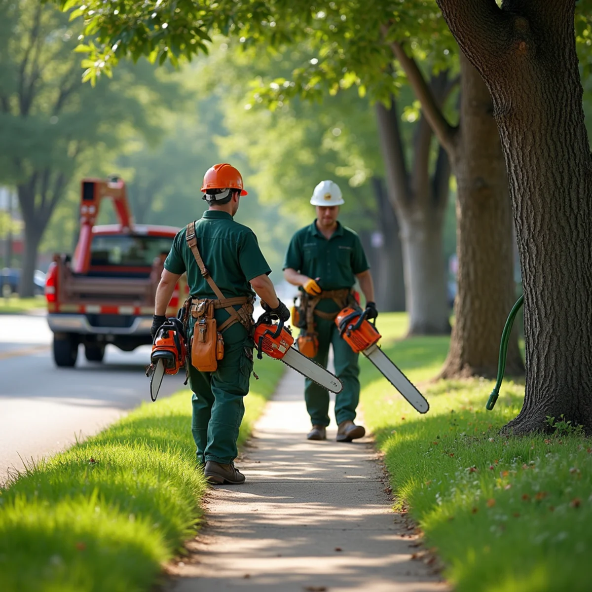 Tree care crew performing suburban sidewalk clearance in Broken Arrow Oklahoma