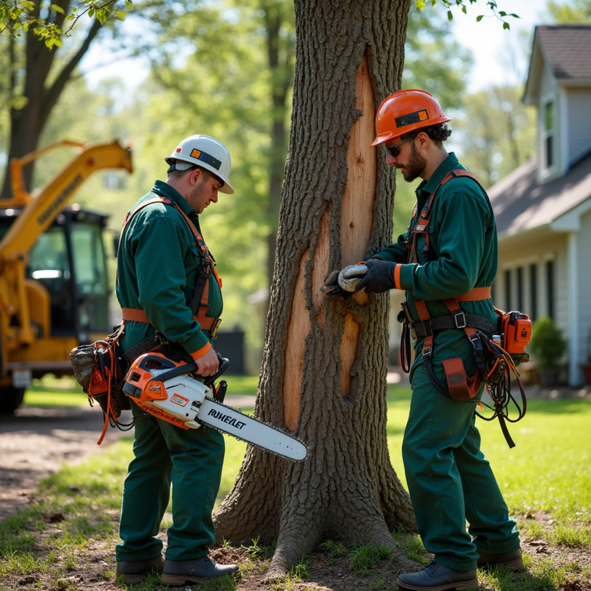 Tree care crew performing storm split maple triage in Chouteau Oklahoma