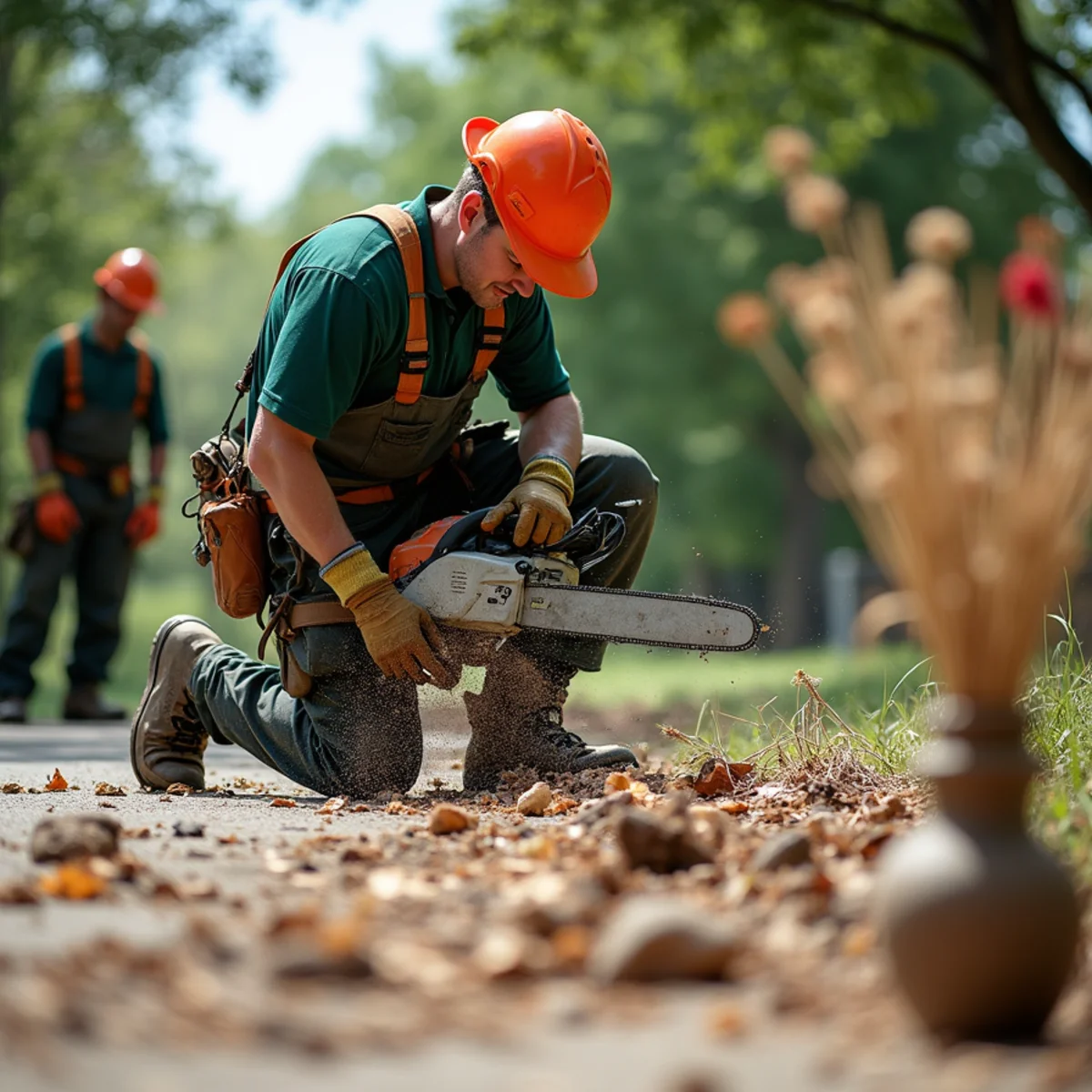 Tree care crew performing clearing driveway storm debris in Chouteau Oklahoma