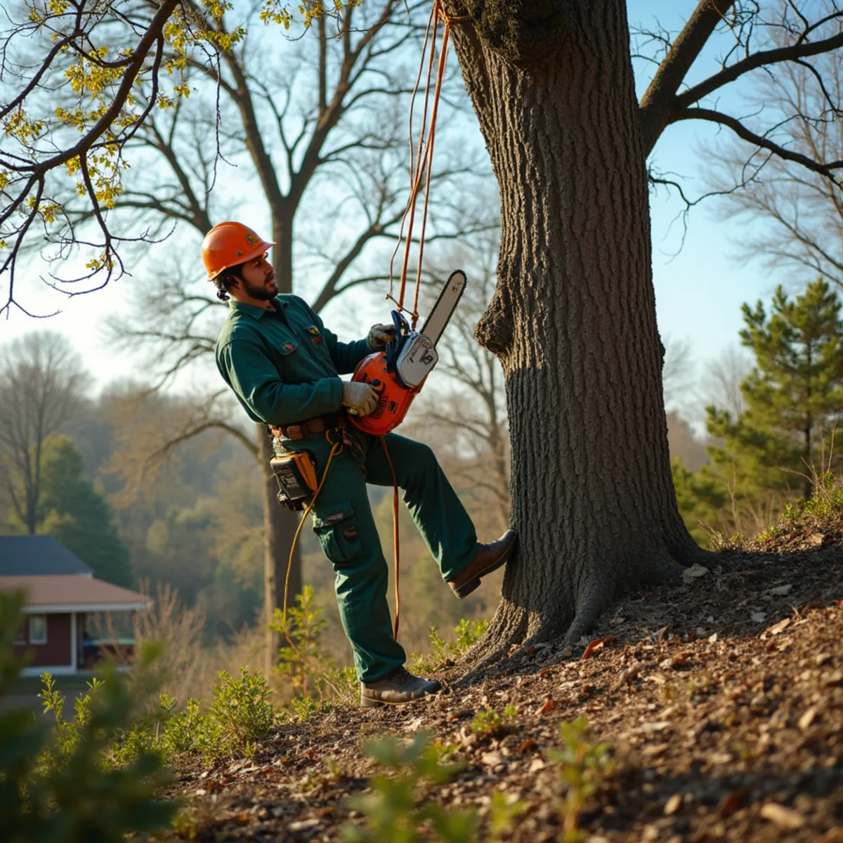 Tree care crew performing slope rigging down hillside in Claremore Oklahoma