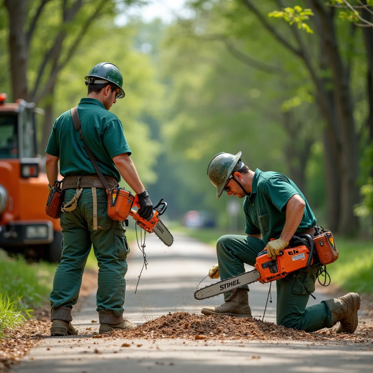 Tree care crew performing private lane clearance check in Coweta Oklahoma