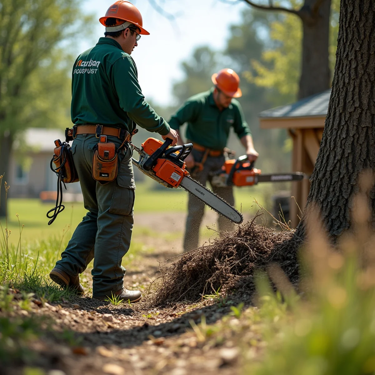 Tree care crew performing heavy brush mulching pass in Inola Oklahoma