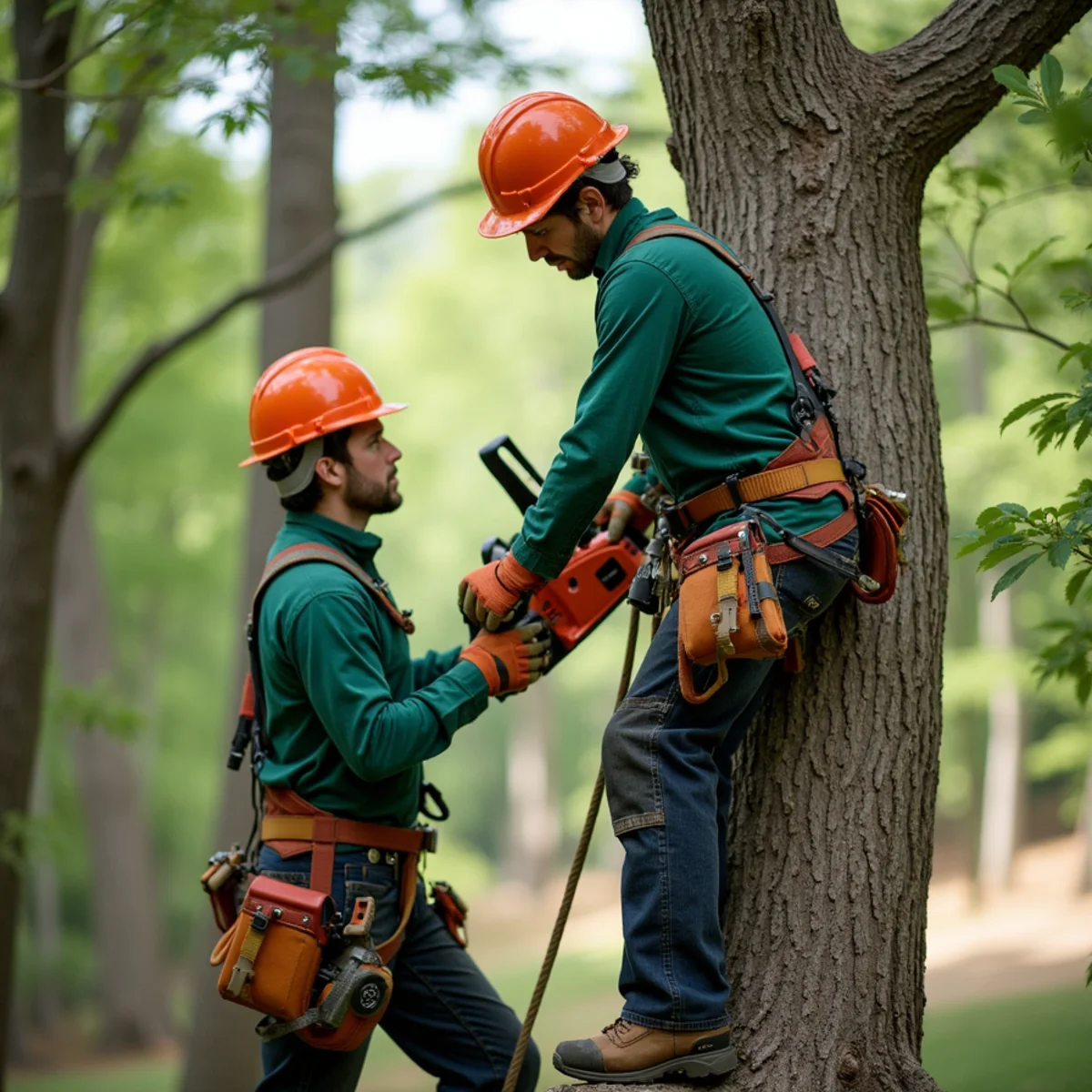 Tree care crew performing foothill canopy thinning in Locust Grove Oklahoma