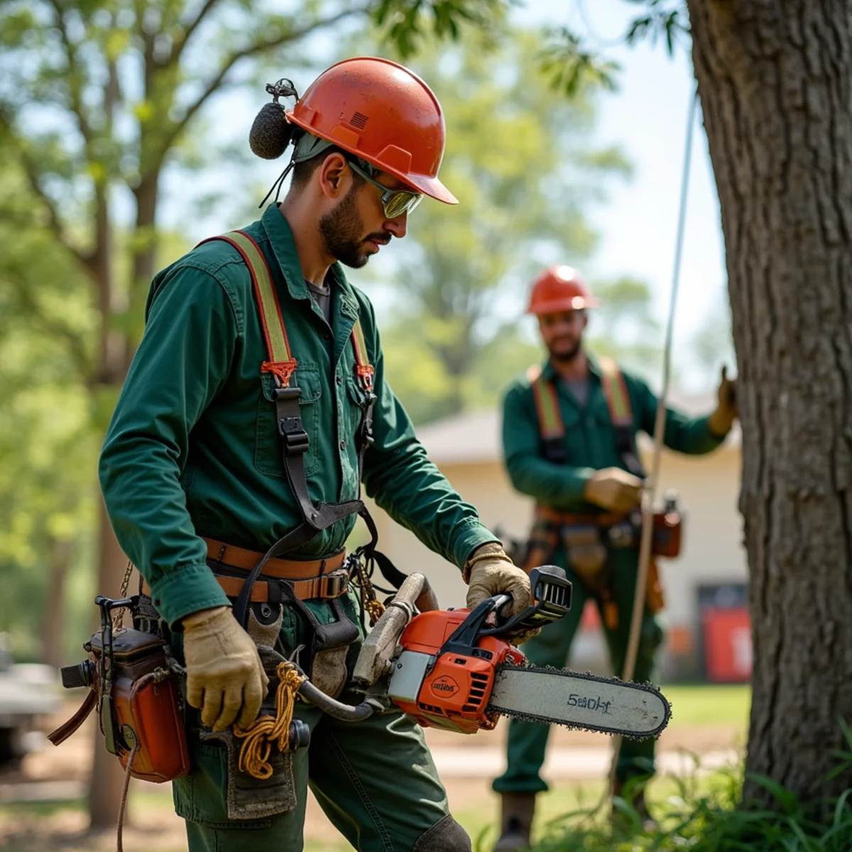 Tree care crew performing timber rigging on slope in Mayes County Oklahoma