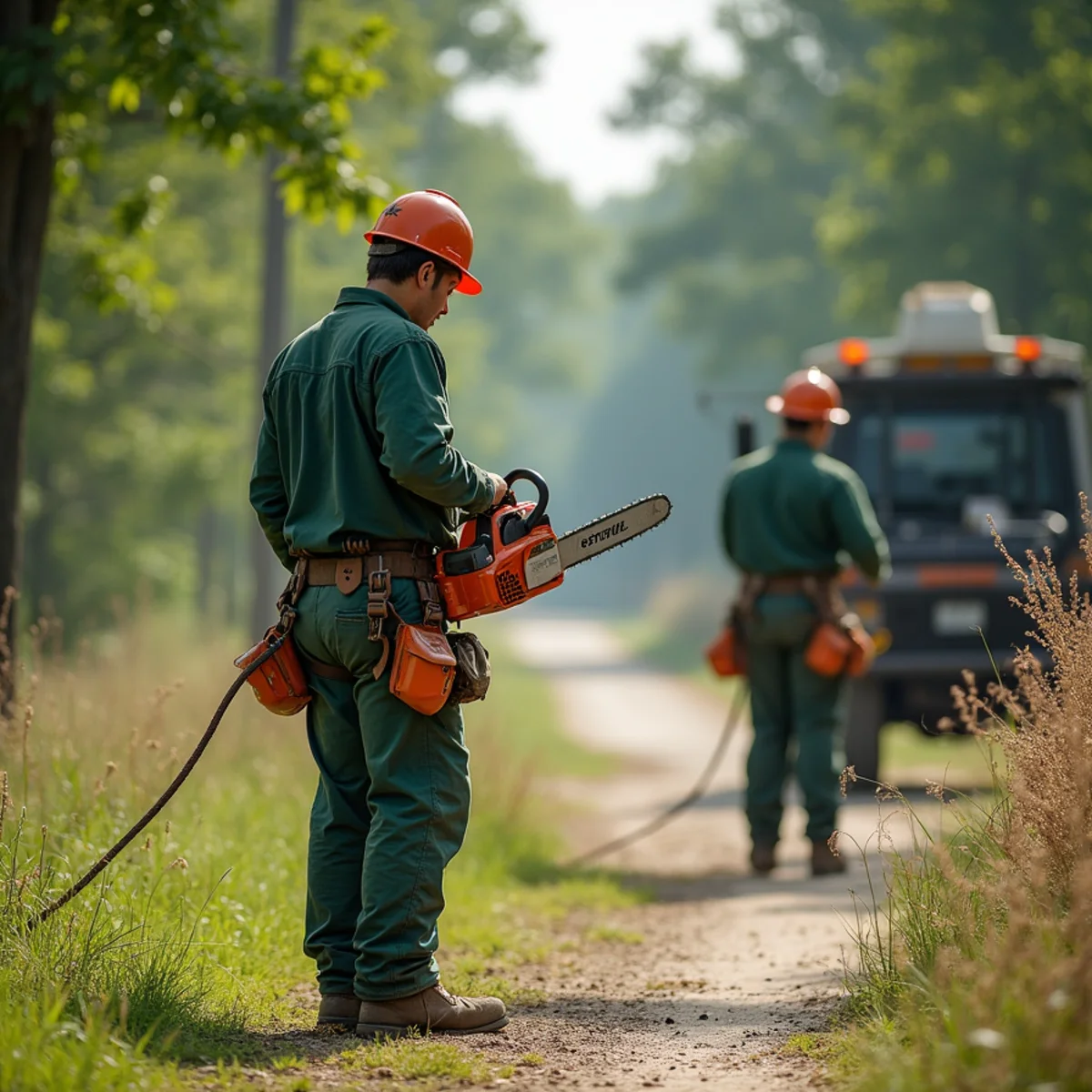 Tree care crew performing brush chipping rural lane in Mayes County Oklahoma