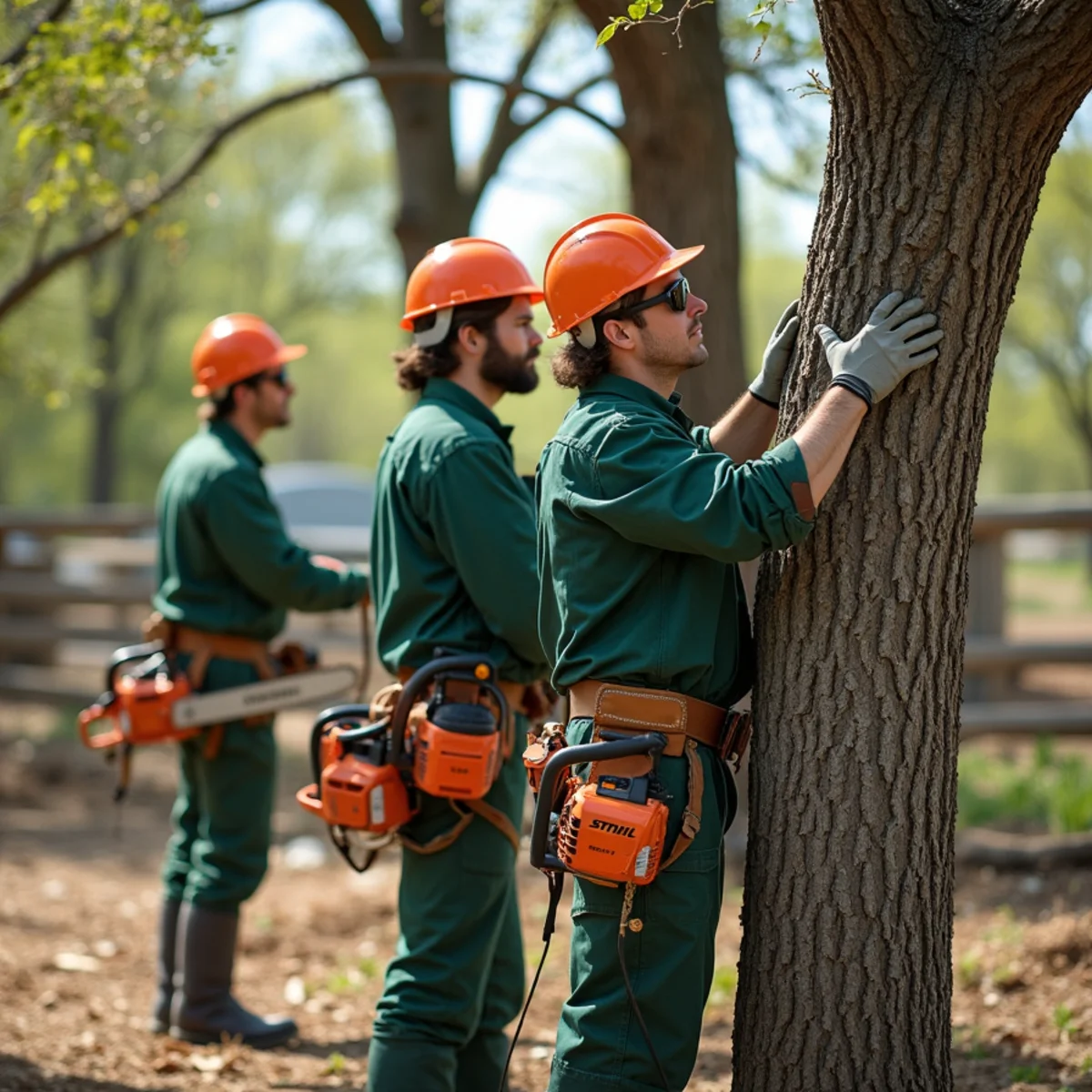 Tree care crew performing ranch shelter tree inspection in Mounds Oklahoma