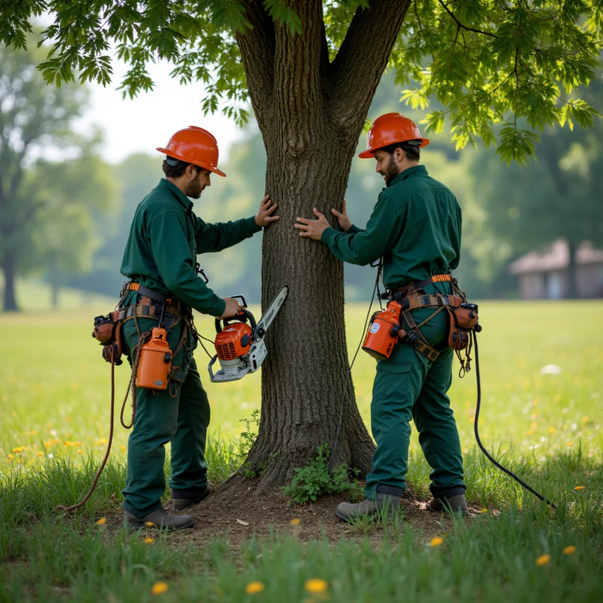 Tree care crew performing pasture shade tree thinning in Mounds Oklahoma