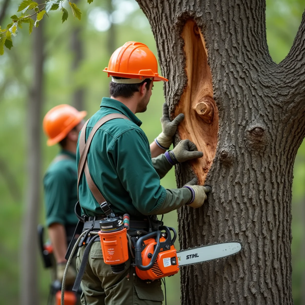 Tree care crew performing dead blackjack hazard triage in Okmulgee Oklahoma