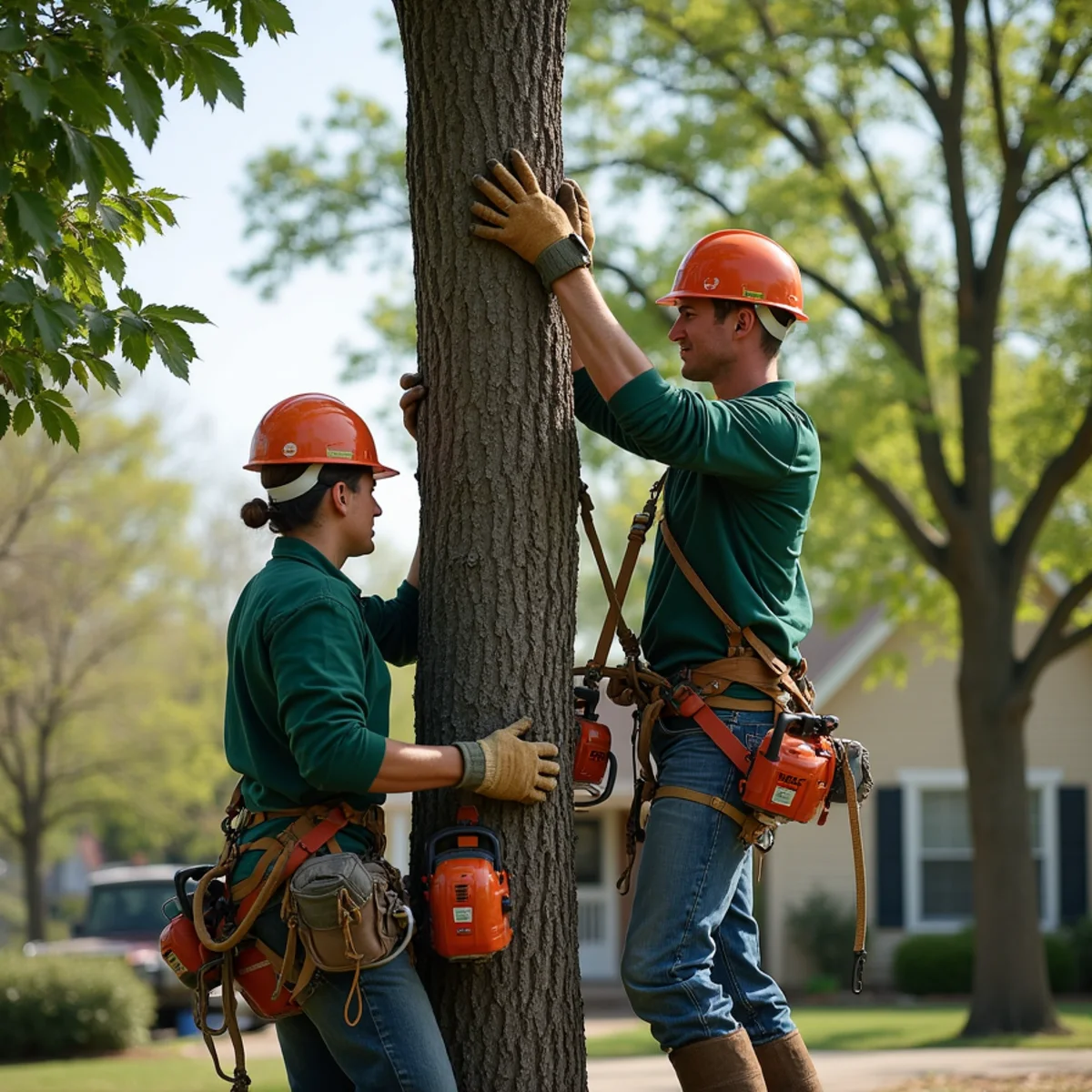 Tree care crew performing sectional trunk snip lowering in Okmulgee Oklahoma