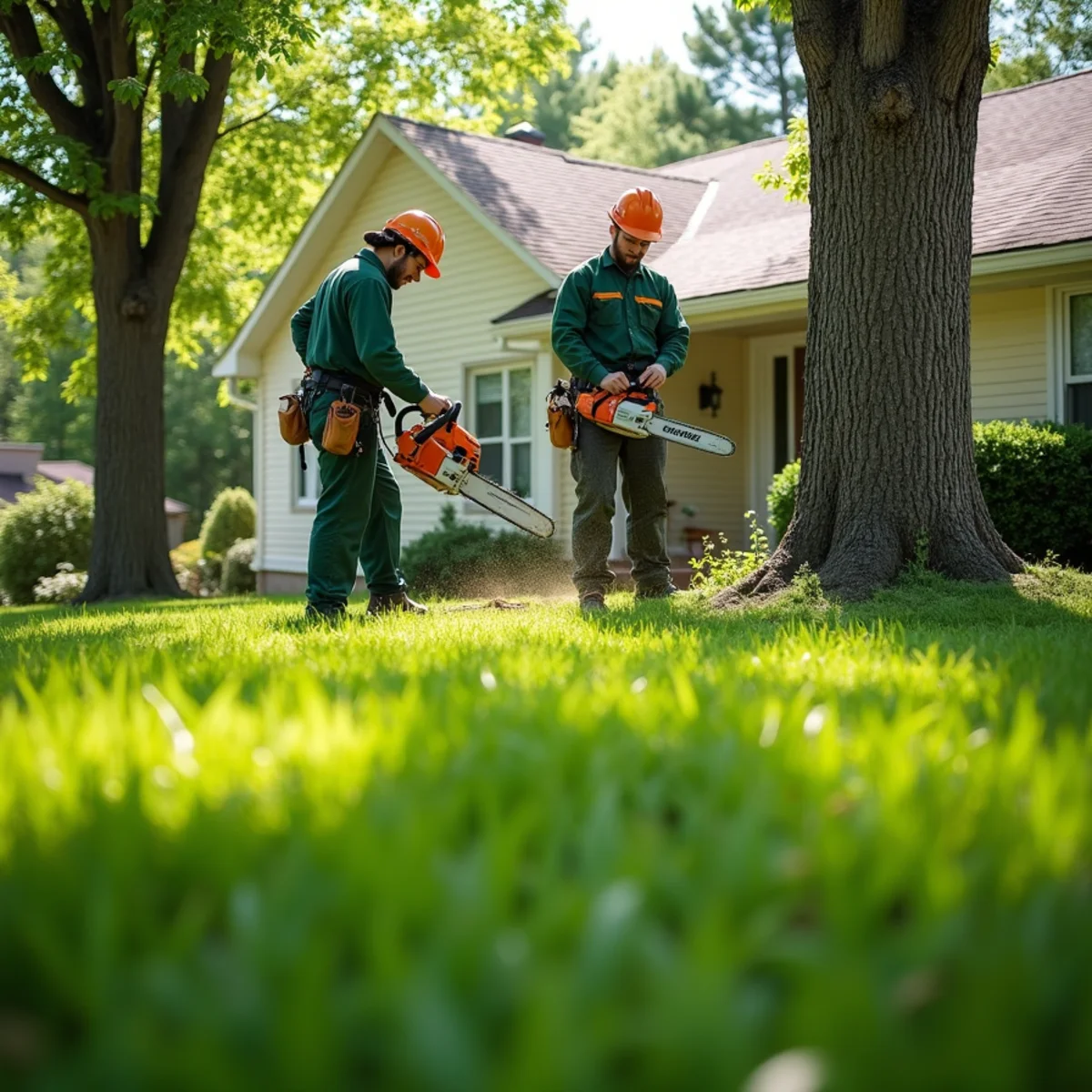 Tree care crew performing spotless raked front lawn in Pryor Oklahoma