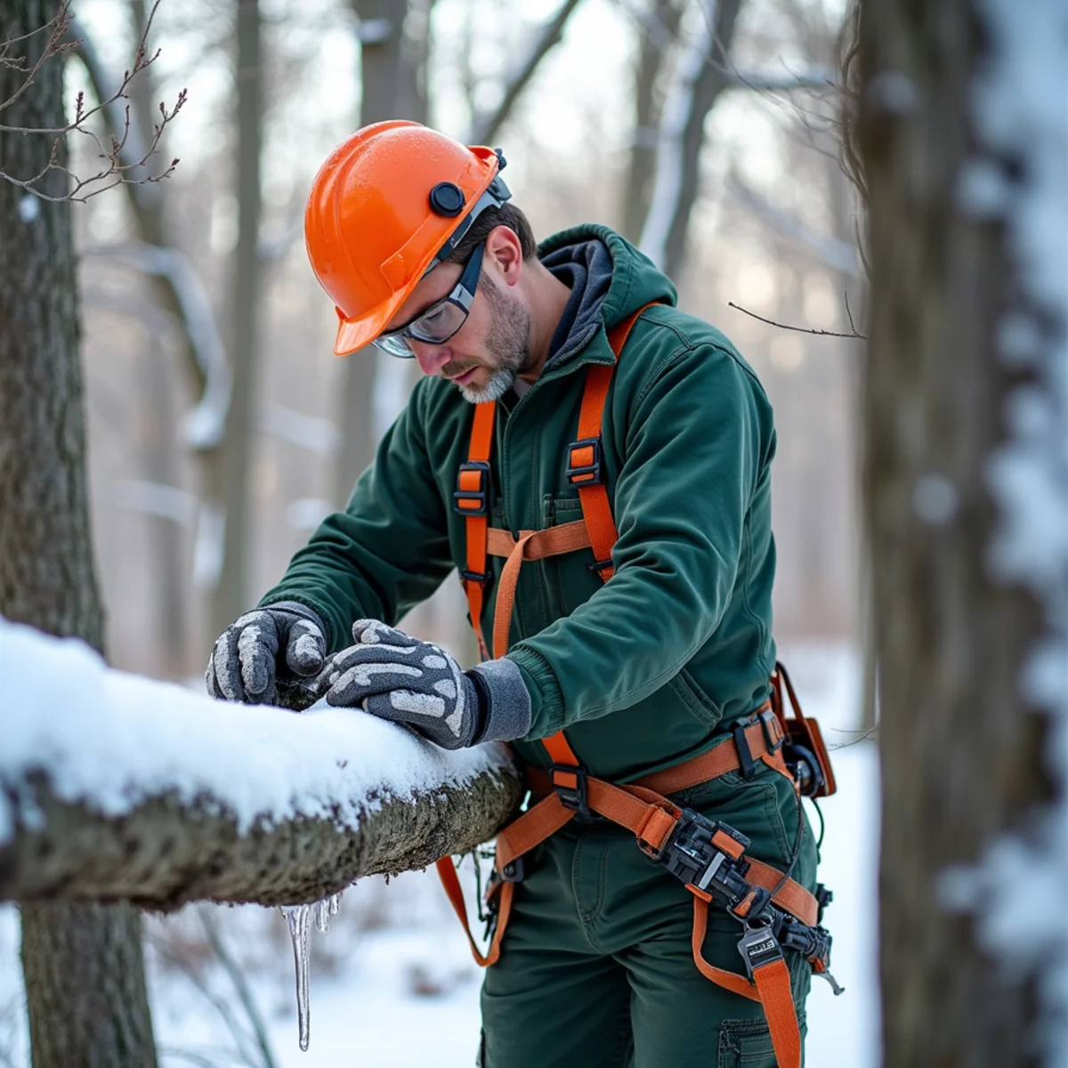Tree care crew performing ice loaded limb inspection in Skiatook Oklahoma