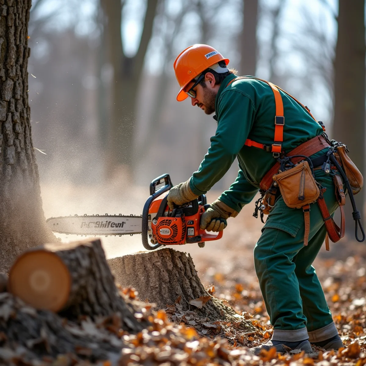 Tree care crew performing controlled frozen wood cut in Skiatook Oklahoma