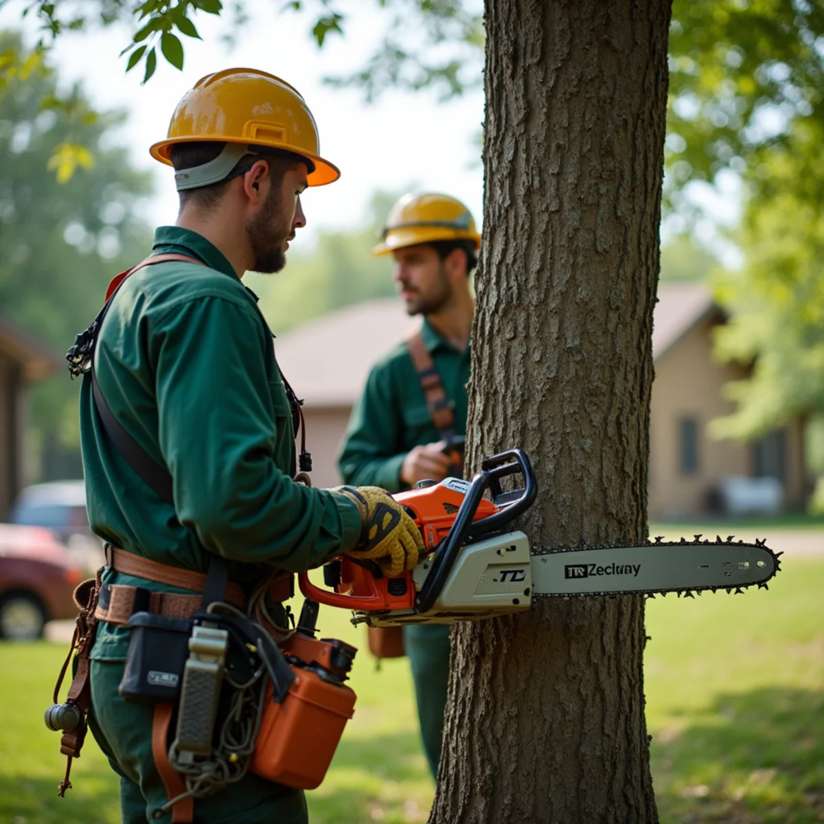 Tree care crew performing stake and cable reinforcement in Verdigris Oklahoma