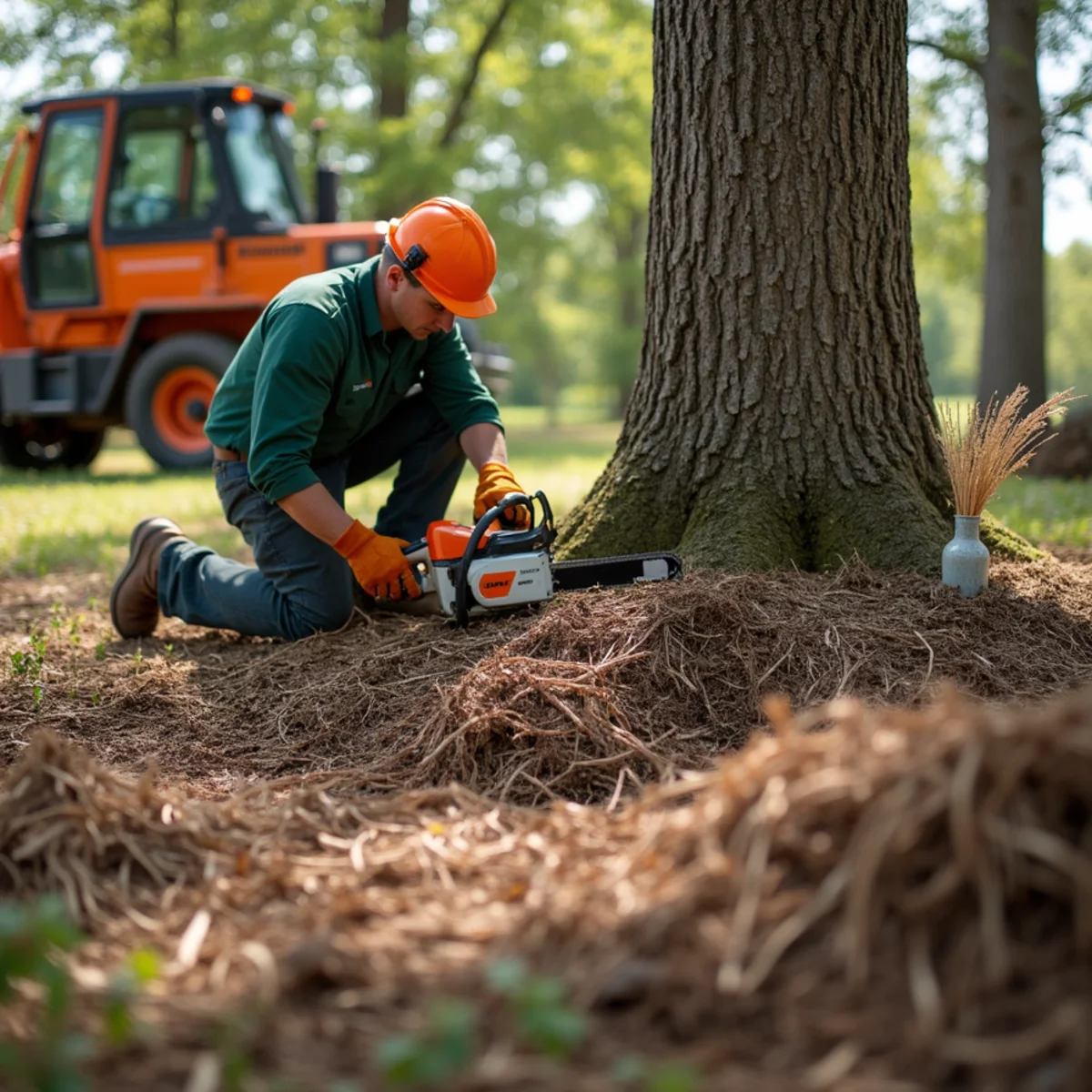 Tree care crew performing neatly mulched tree rings in Verdigris Oklahoma