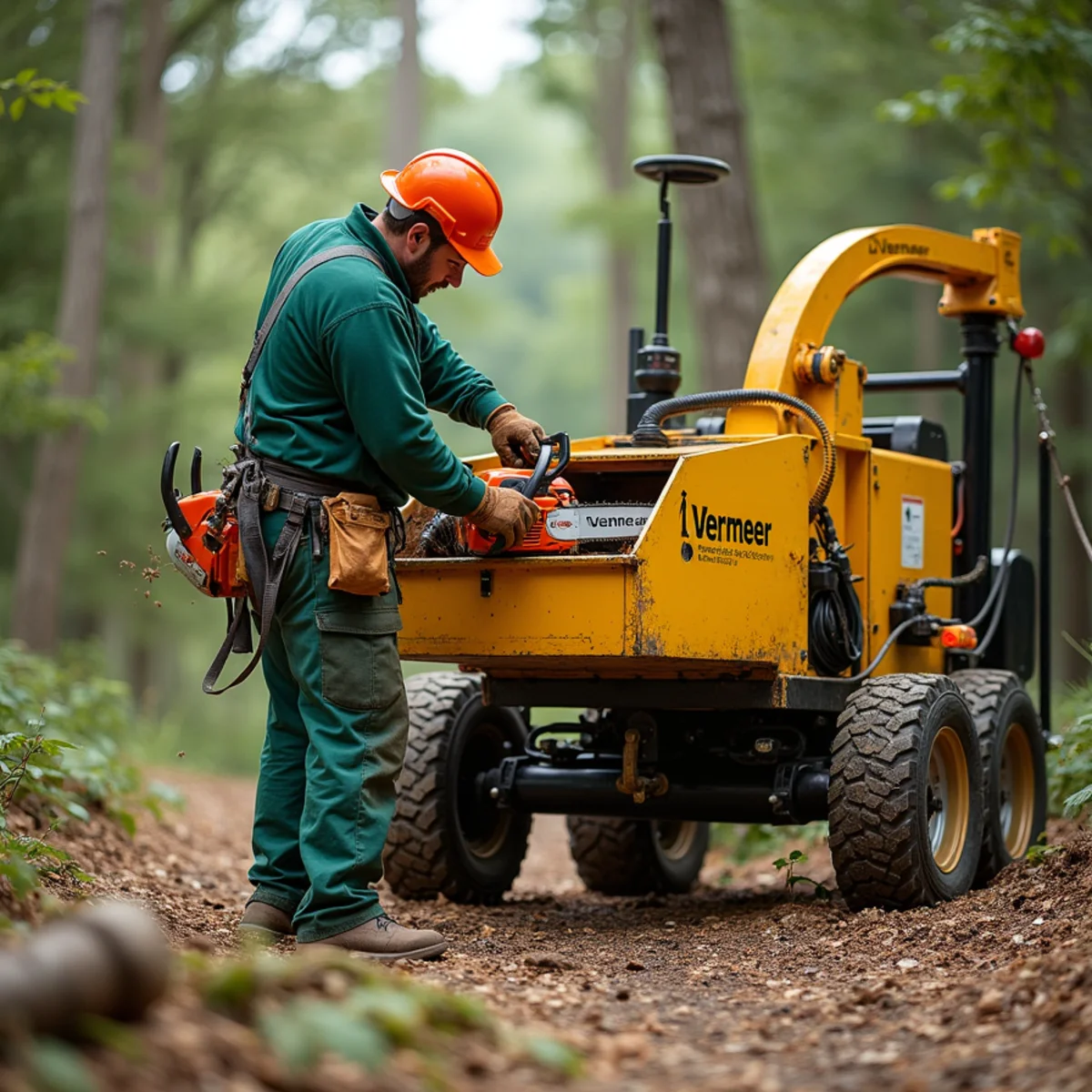 Vermeer industrial brush chipper processing freshly pruned oak branches safely