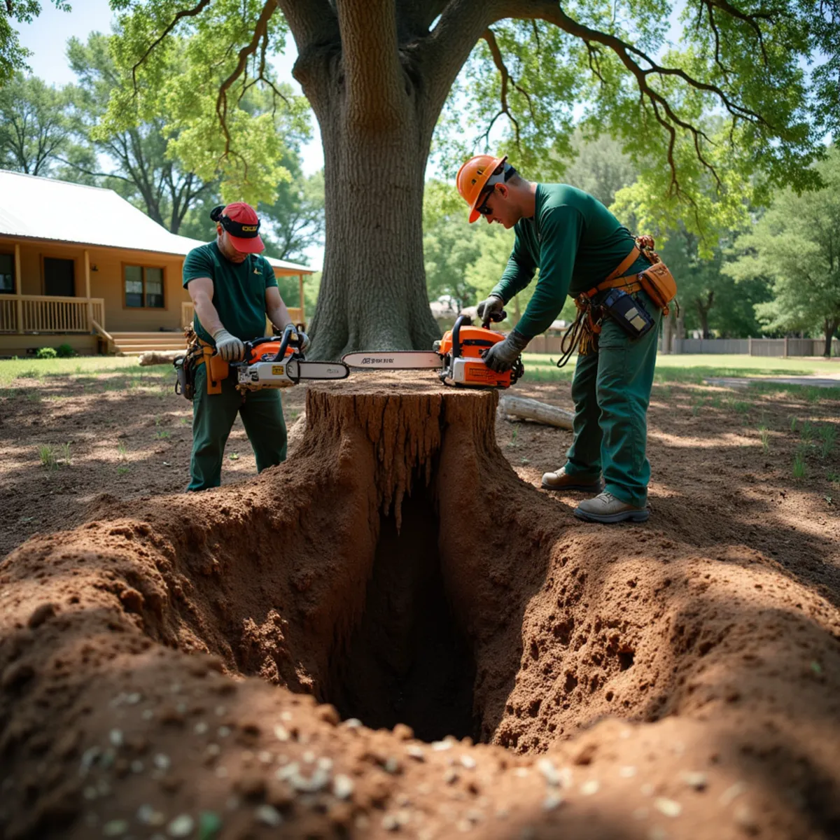 Trenching soil around massive tree stump to expose root structure