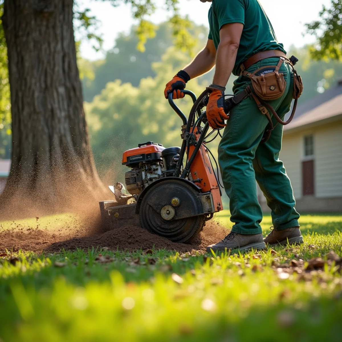 Stump grinder cutting wheel sweeping across heavy surface root flare