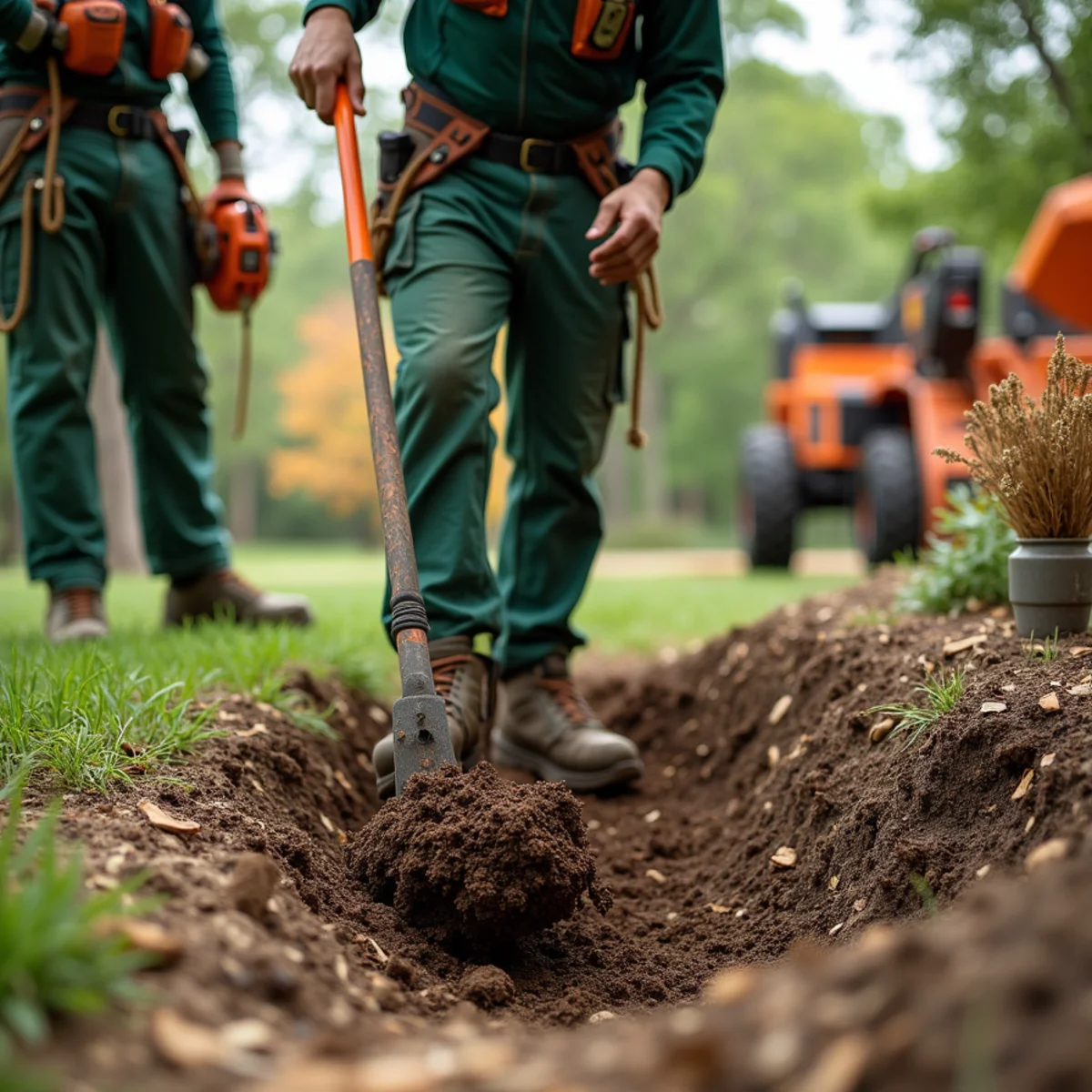 Raking fine wood mulch and topsoil into excavated stump void