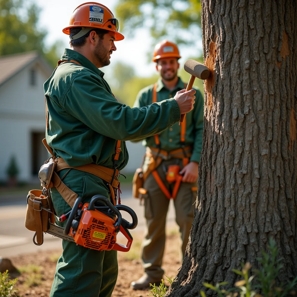Sounding tree trunk with nylon mallet to detect internal decay cavities