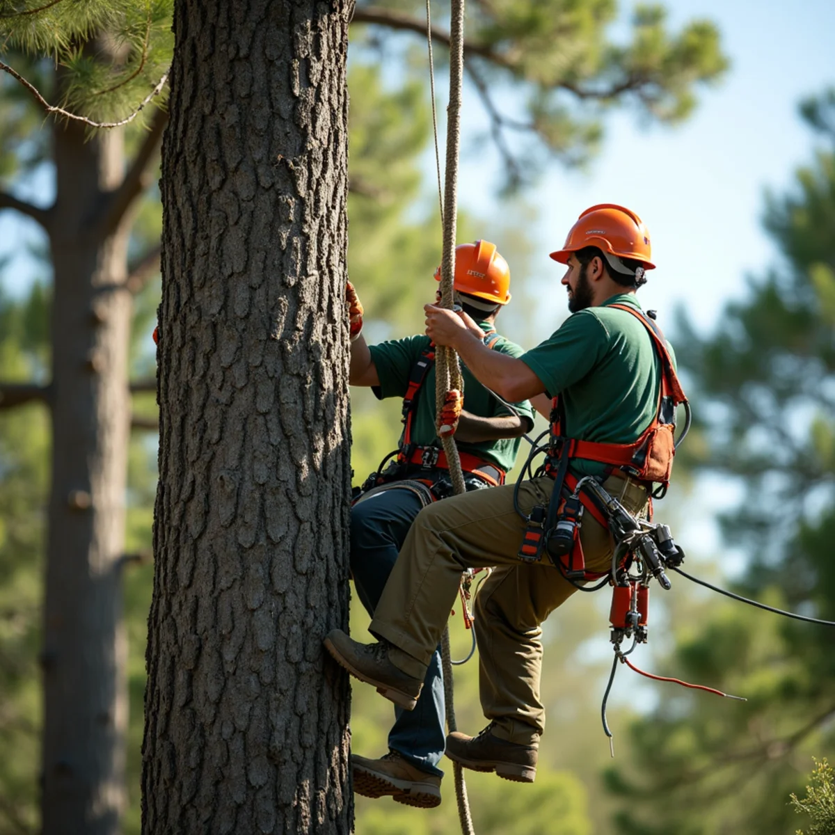 Remote anchor point rigged in adjacent tree for dead tree dismantling