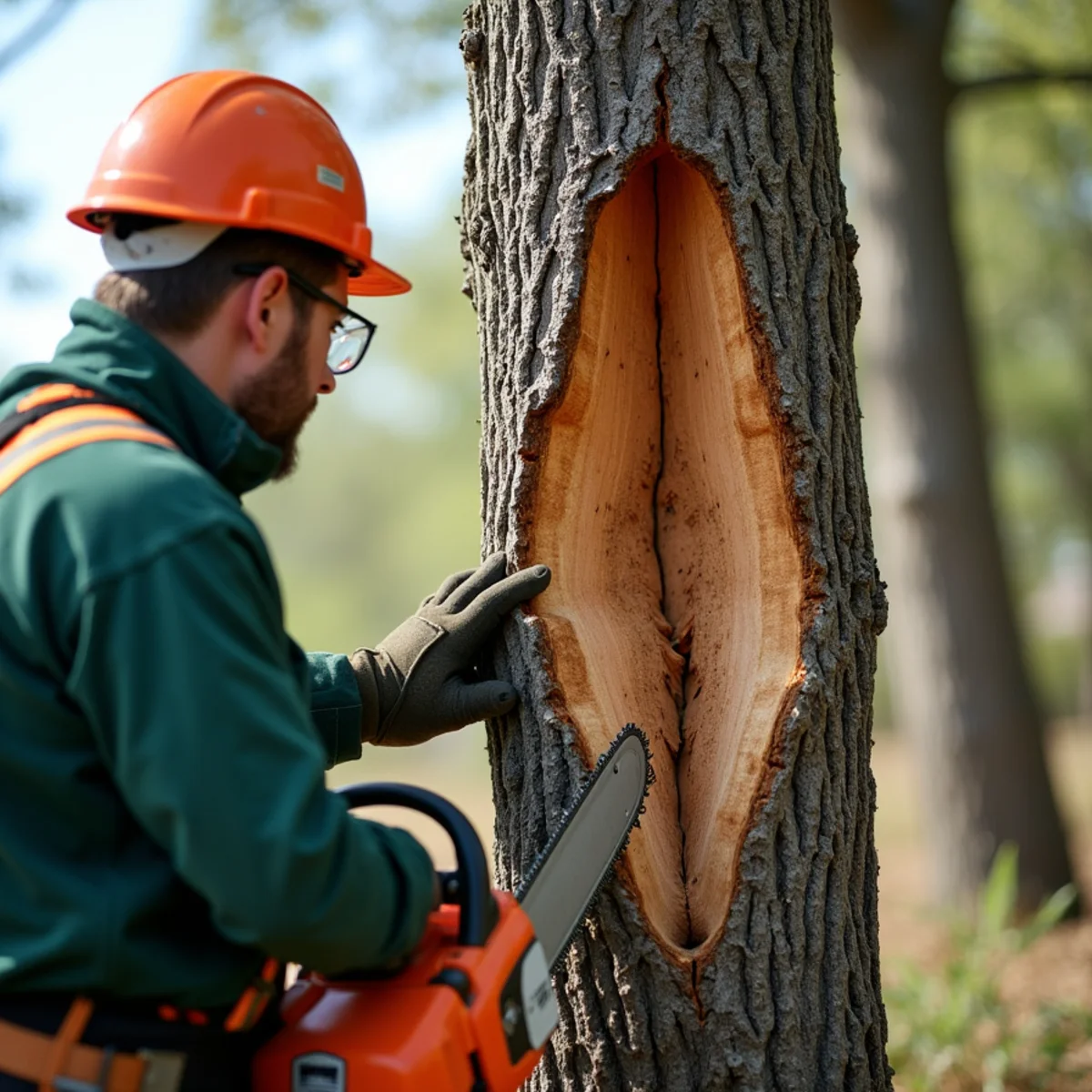 Inspection of severe trunk crack and split hazard on residential shade tree