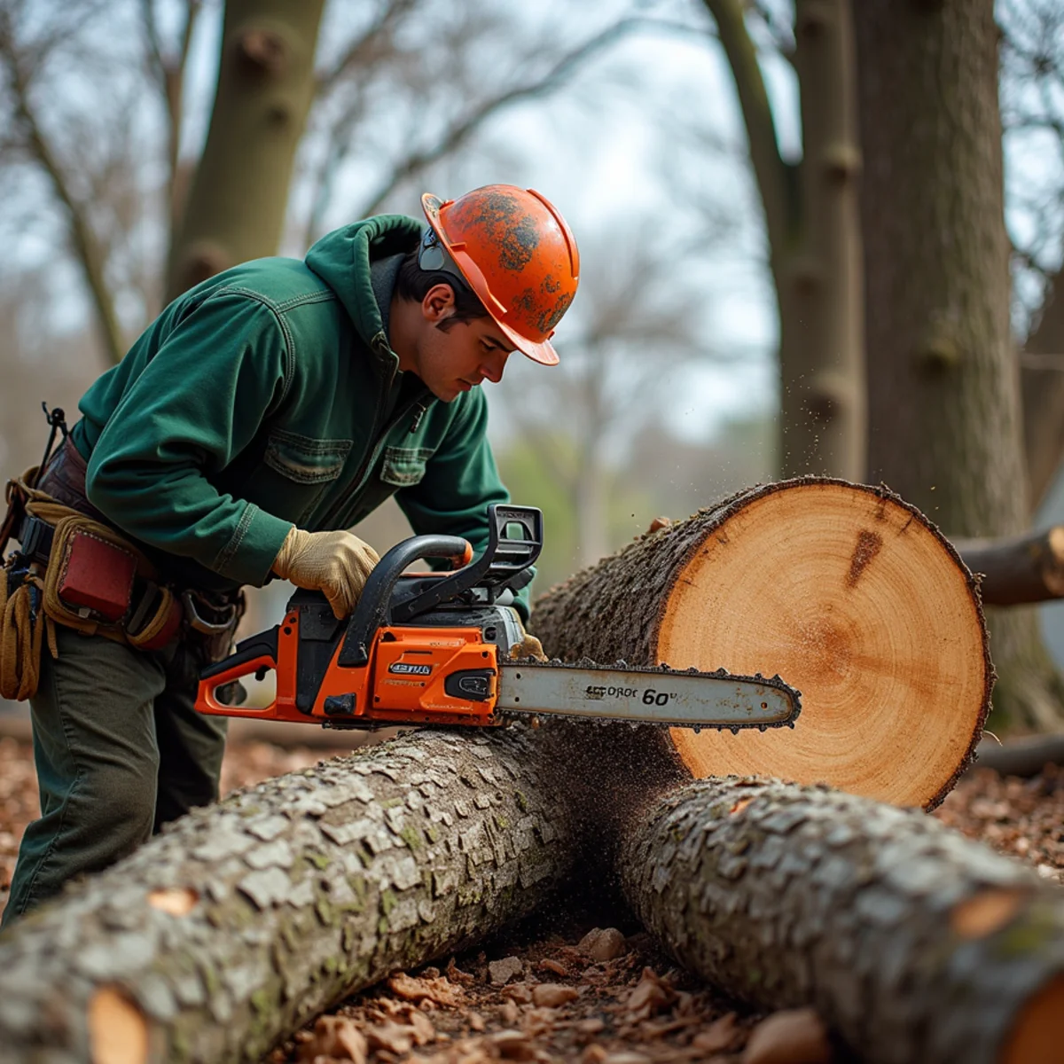 Long-bar commercial Stihl chainsaw slicing massive trunk round