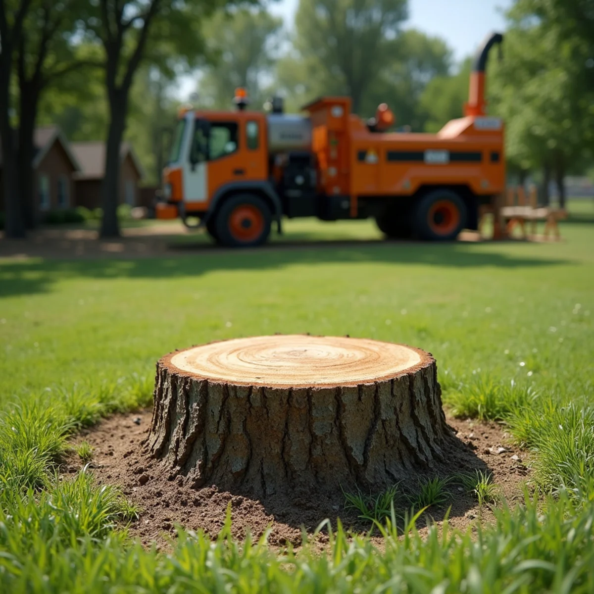 Low-cut flush tree stump in spotless residential lawn ready for grinding