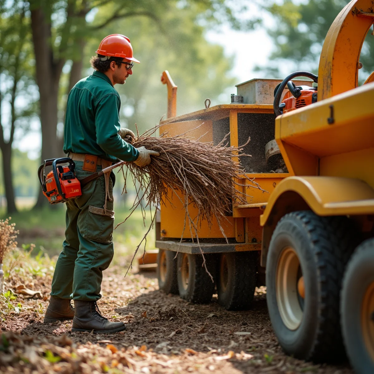 Groundsman processing brush through Vermeer wood chipper