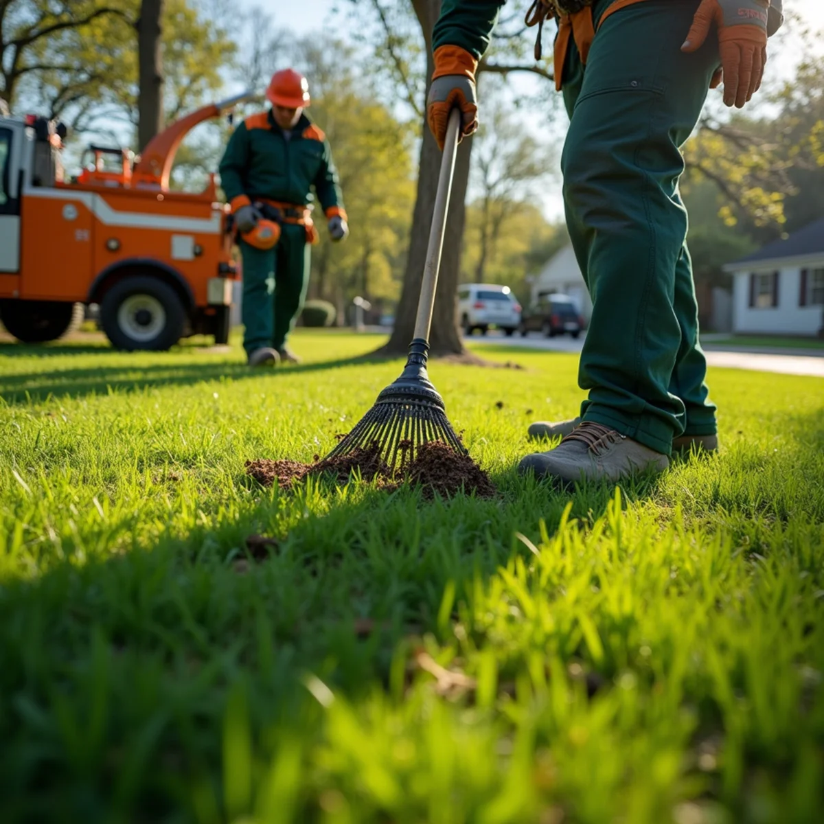 Manicured residential lawn raked clean after complete tree service