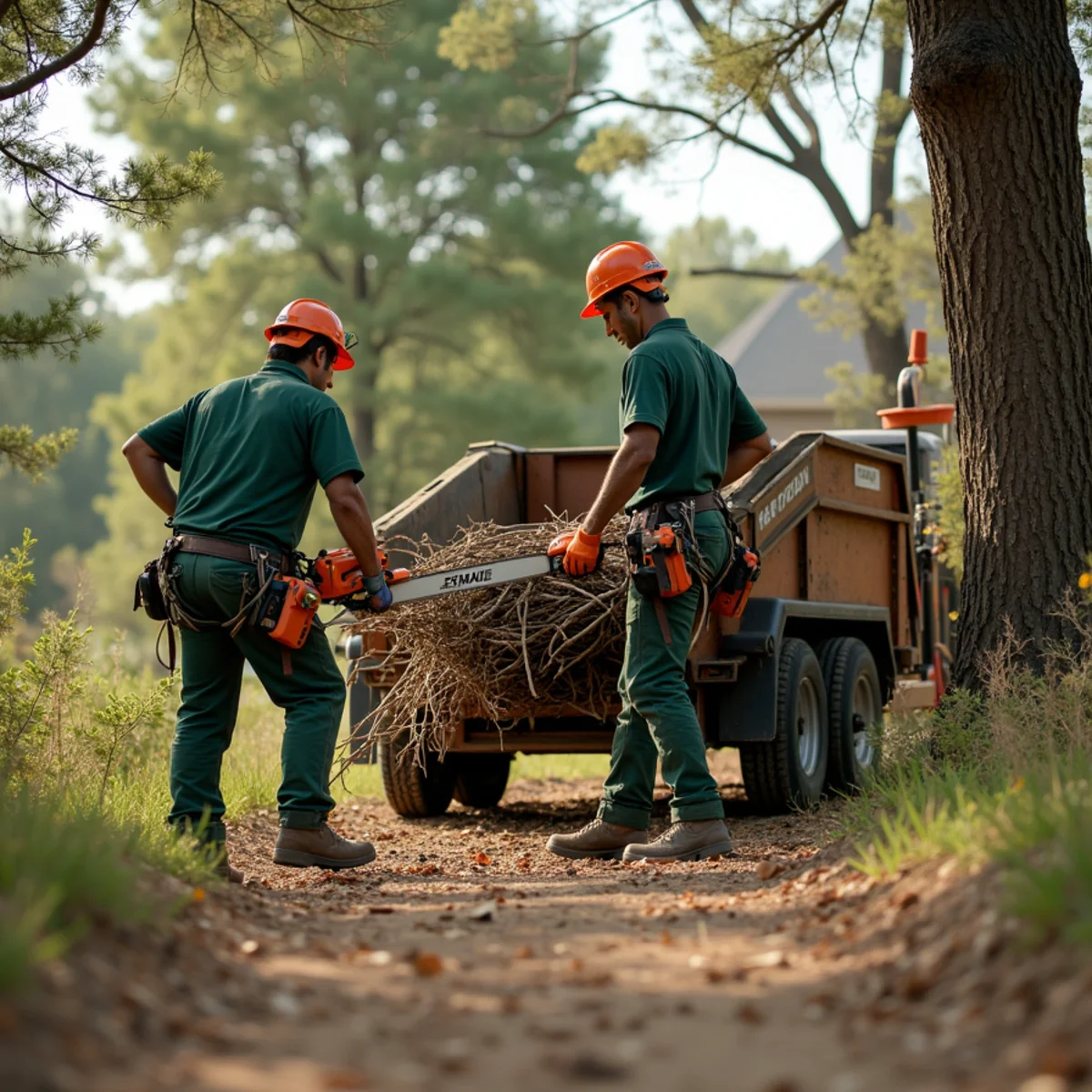 Loading thinned branches into utility trailer for haul-off
