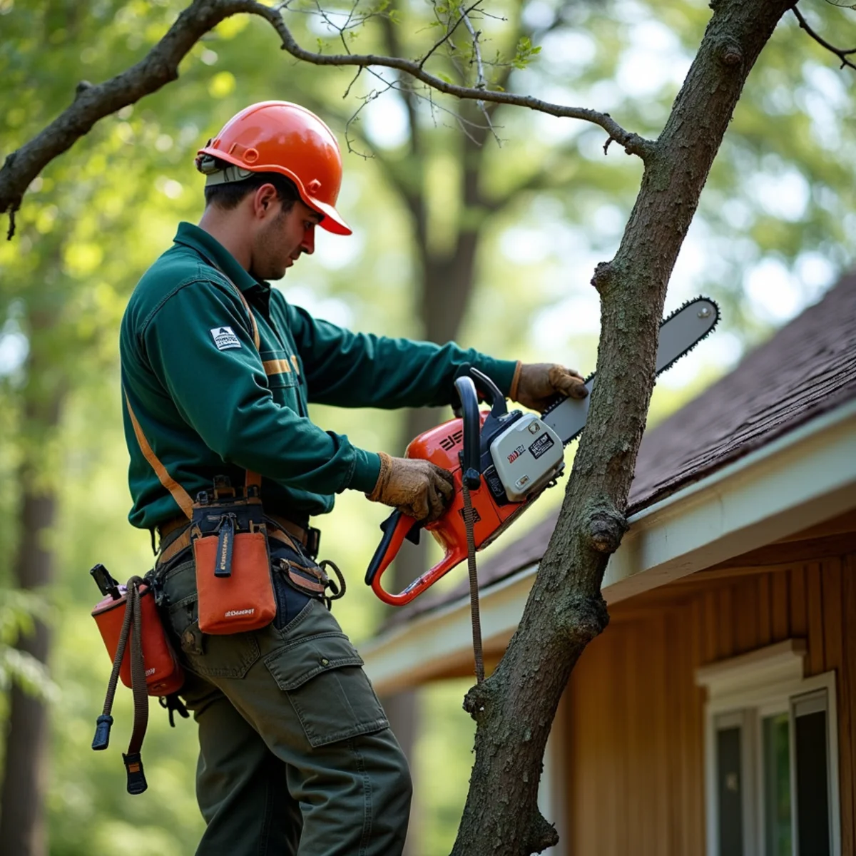 Rigged lowering of heavy limb directly above residential roofline
