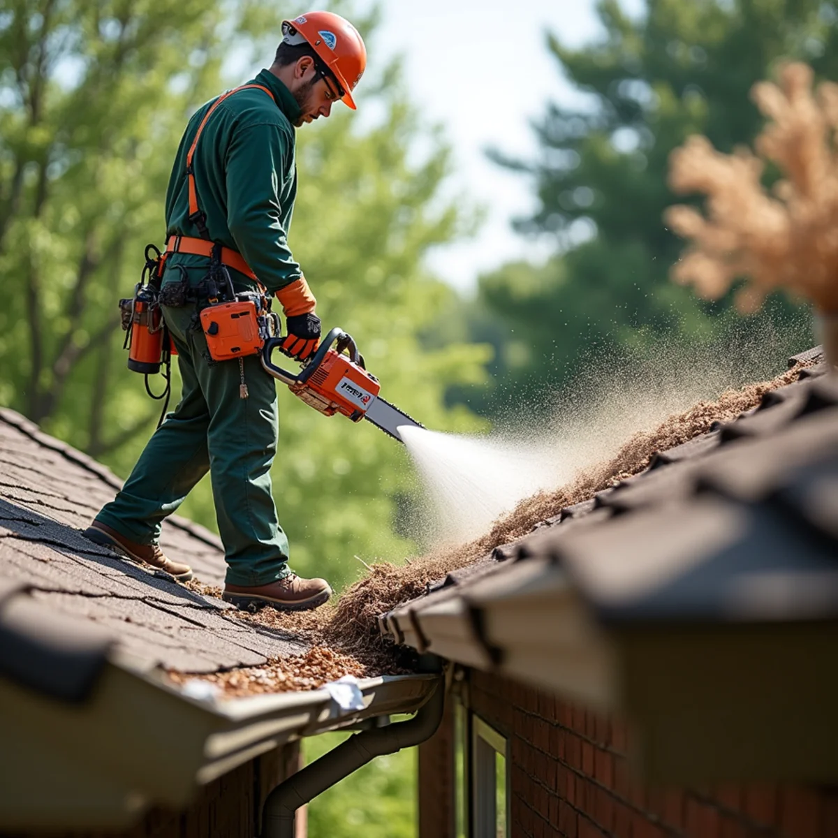 Clearing roof shingles and gutters of all fallen leaves and sawdust