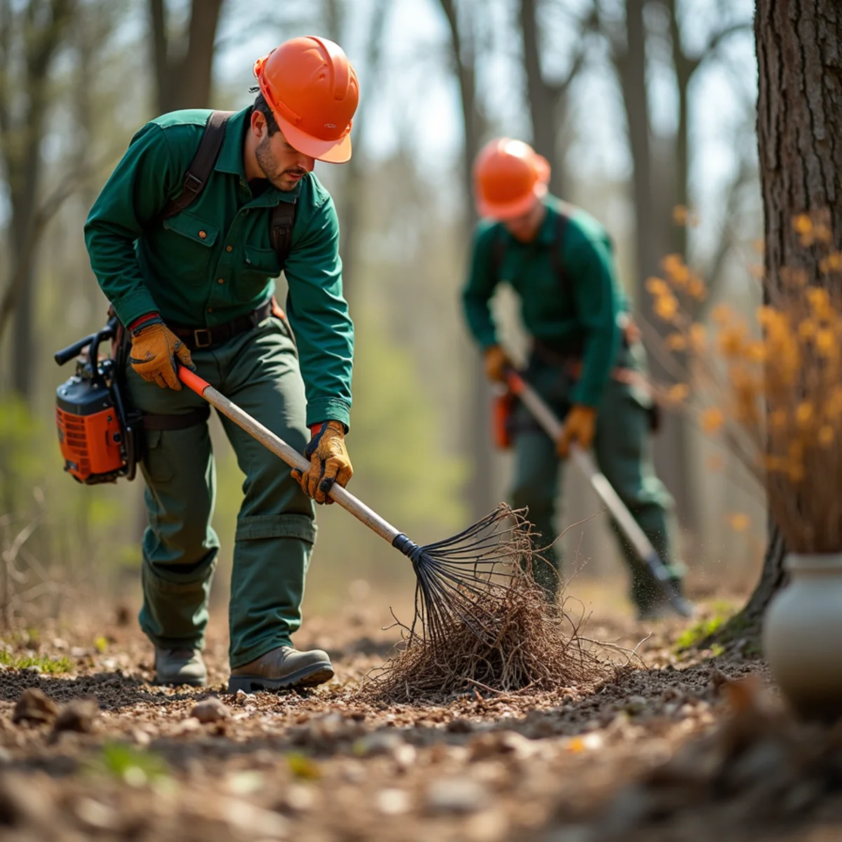 Raking pruning clippings and small twigs into piles for chipping